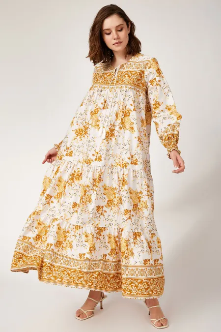 1947 Patterned Long Dress - Mustard