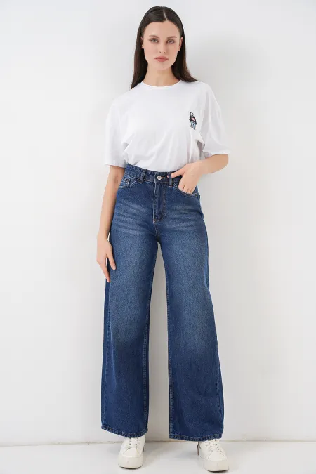 Women's Wide Leg High Waist Palazzo Jeans 6656 - Navy Blue