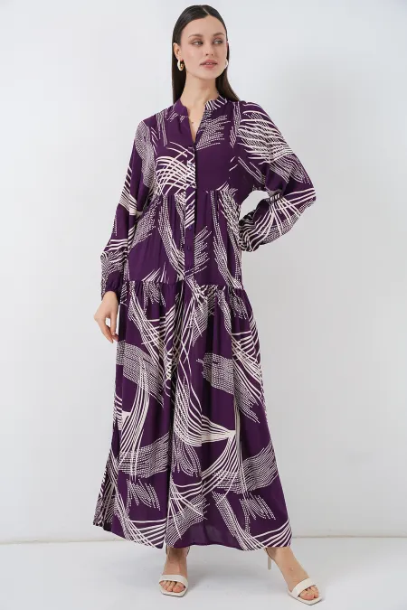 Women's Patterned Long Hijab Dress 2585 - Purple