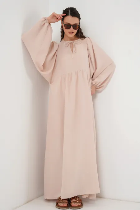 Robe longue hijab à manches ballon pour femme 2464 - Beige