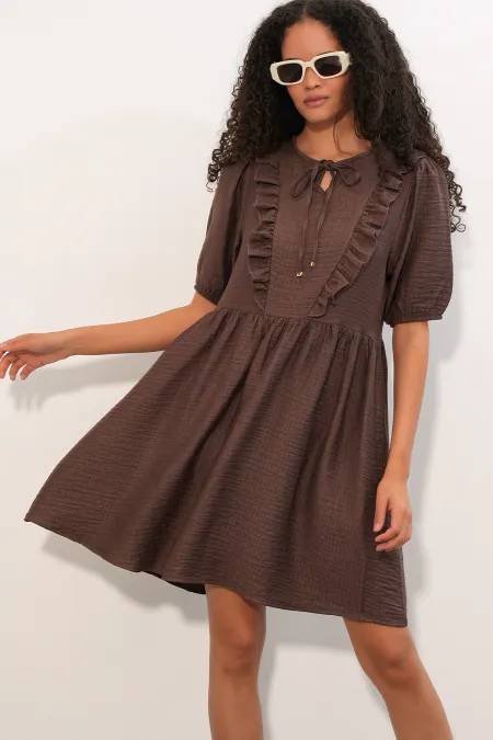 Women's Tie-Neck Short-Sleeve Ruched Dress 2600 - Brown