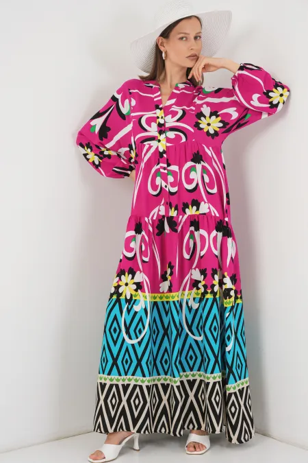 Robe longue hijab à motifs pour femme 2585 - A.Fuchsia