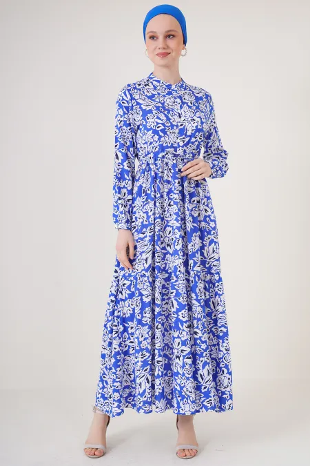 2144 Hakim Yaka Tesettür Elbise - Saks