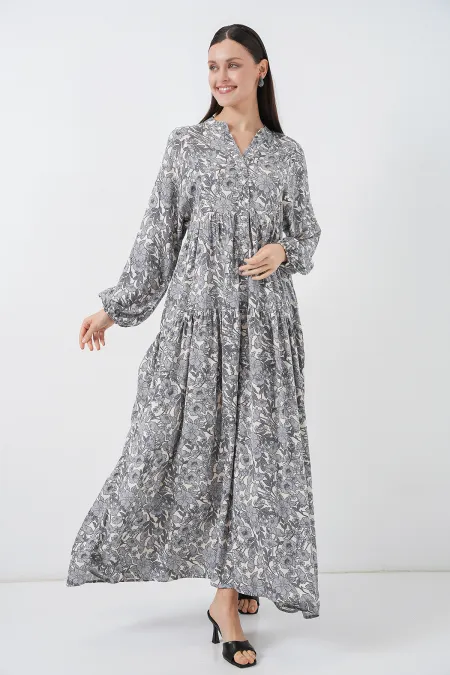Women's Patterned Long Hijab Dress 2585 - Gray