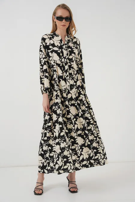 2423 Authentic Patterned Hijab Dress - Black - White1