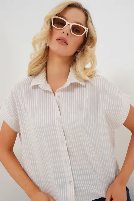 Chemise rayée à manches courtes pour femme 20324 - Crème