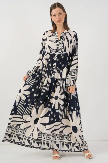 Women's Patterned Long Hijab Dress 2585 - L. Navy Blue