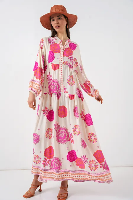 Robe longue hijab à motifs pour femme 2585 - L. Fuchsia