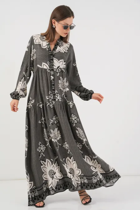 Women's Patterned Long Hijab Dress 2585 - Anthracite