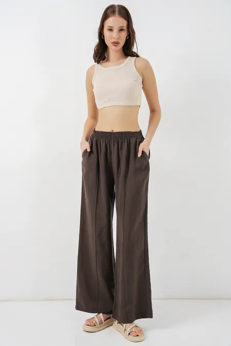 Kadın Beli Lastikli Bol Paça Pantolon 30087 - A.Kahve
