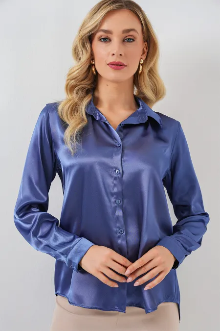 3964 Lightly Flowing Satin Shirt - C.Navy Blue