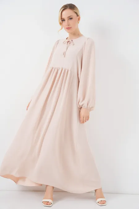 Robe longue hijab à manches ballon pour femme 2464 - Crème