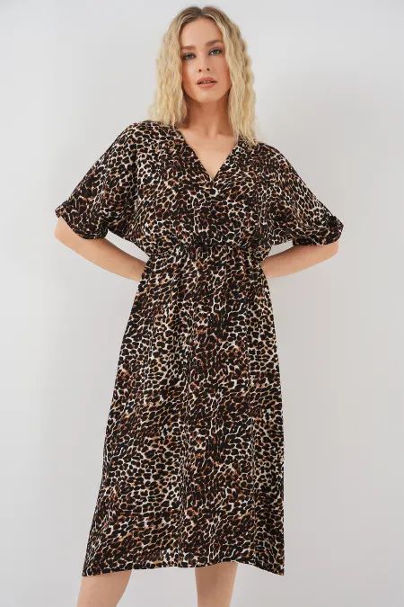 Women's Patterned Short Sleeve Dress 2569 - C. Brown