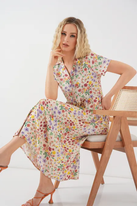 Women's Buttoned-Down Short Sleeve Floral Dress 2561 - Cream