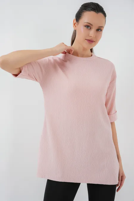 T-shirt tricoté à fente latérale 4332 - Rose poudré