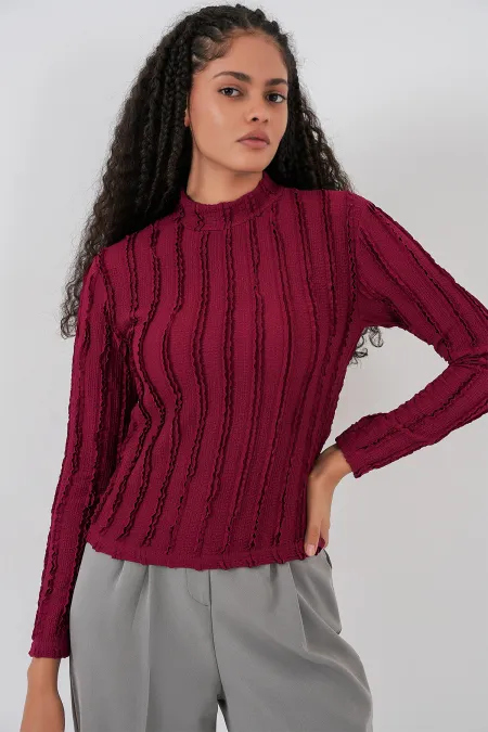 Women's Textured Flexible Knit Blouse 975 - Burgundy
