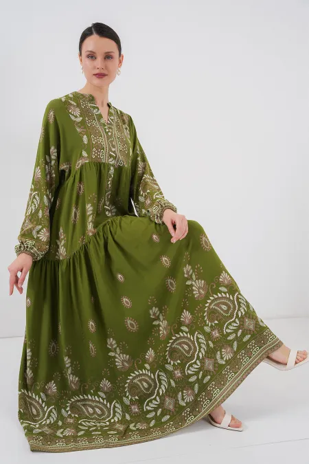2423 Authentic Patterned Hijab Dress - Dark Khaki