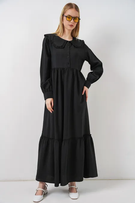 Kadın Bebe Yaka Uzun Tesettür Elbise 2592 - Siyah