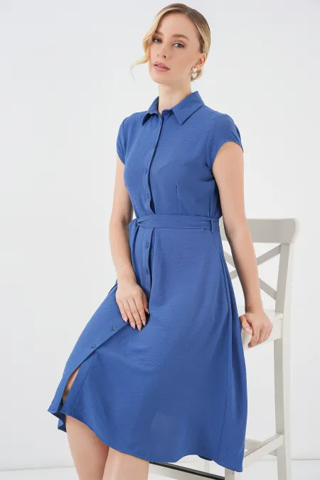 1677 Buttoned Belted Dress - Indigo