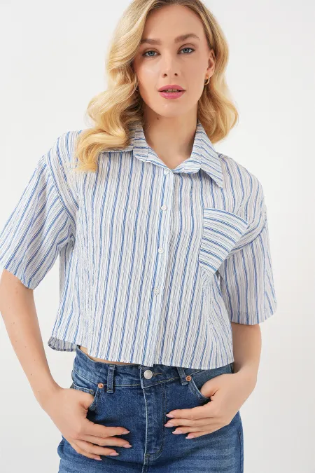 Women's Striped Crop Shirt 20342 - Blue