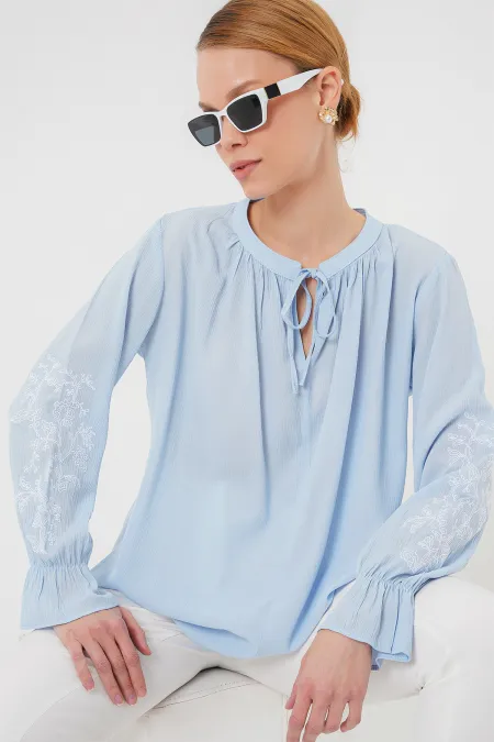 Chemisier brodé en maille pour femme 941 - Bleu