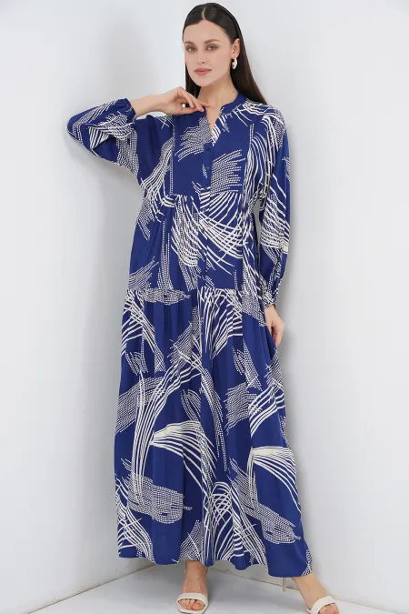 Women's Patterned Long Hijab Dress 2585 - Dark Navy