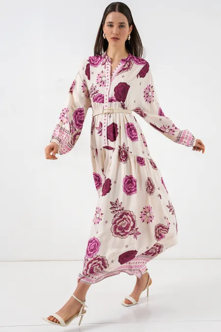 Women's Patterned Long Hijab Dress 2585 - D. Fuchsia