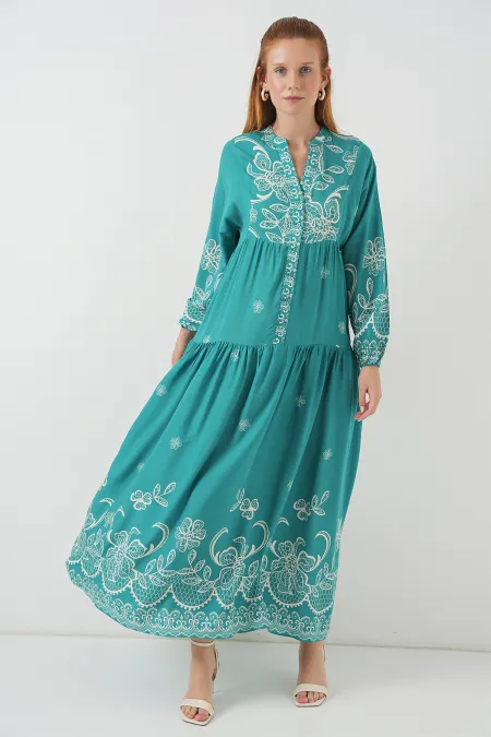 Women's Patterned Long Hijab Dress 2585 - Mint