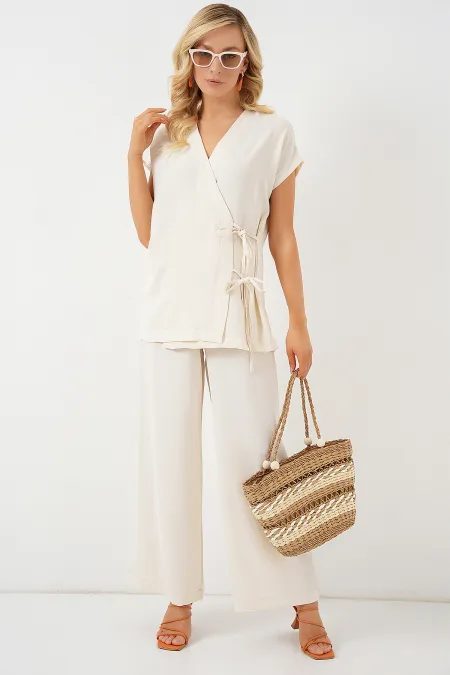 Ensemble deux pièces Ayrobin à manches courtes et lacets pour femme 6741 - Crème