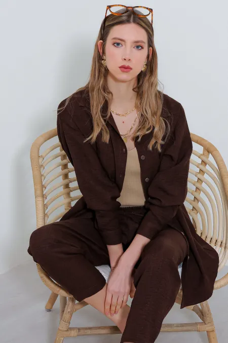 Women's Brown Oversize Linen Bottom Top Set 6622 Women's Brown Oversize Linen Bottom Top Set 6622