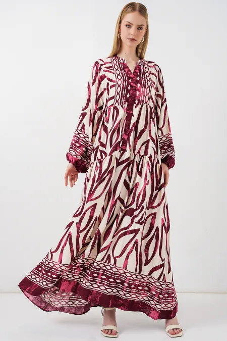 Women's Patterned Long Hijab Dress 2585 - H. Burgundy