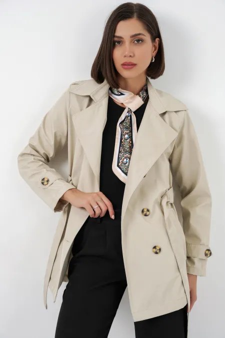 Kadın Kuşaklı Kısa Trençkot 5982 - Bej