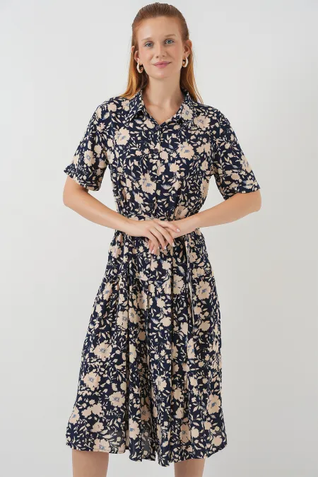 Women's Short Sleeve Patterned Dress 2560 - Navy Blue