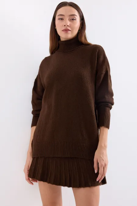 15891 Sweater Skirt Knitwear Two Piece Set - Brown