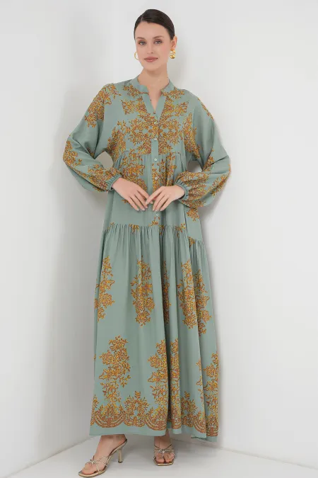 Mint Gold Patterned Hijab Dress 2423