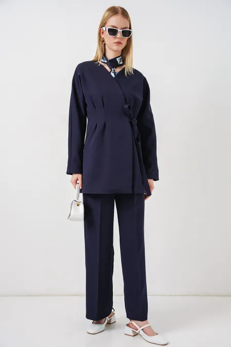 Kadın Yandan Bağlamalı Ceket Pantolon İkili Takım 30099 - Lacivert