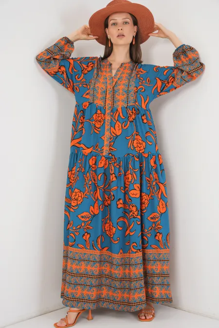 Women's Patterned Long Hijab Dress 2585 - C. Orange
