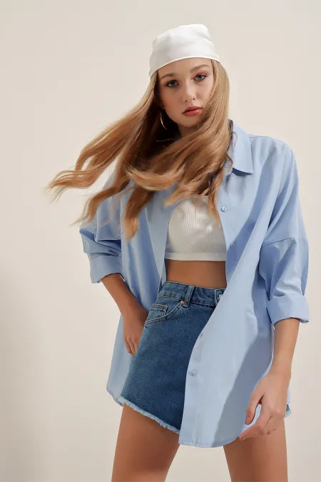 3900 Oversize Uzun Basic Gömlek - Mavi