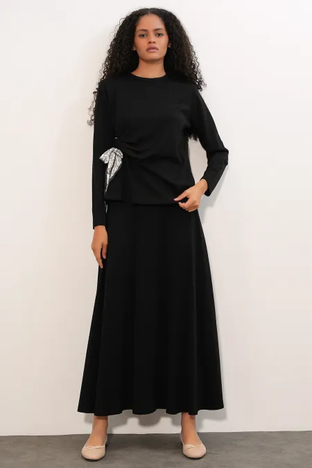 Women's Scarf Blouse and Skirt Two-Piece Set 8077 - Black Women's Scarf Blouse and Skirt Two-Piece Set 8077 - Black