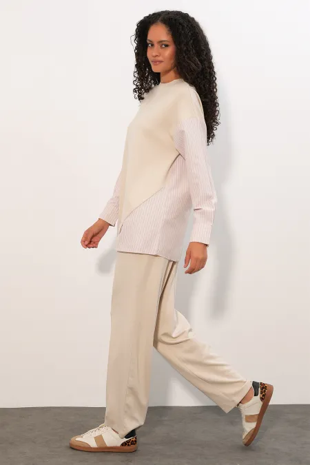 Women's Striped Woven Two-Piece Set 6750 - Beige Women's Striped Woven Two-Piece Set 6750 - Beige