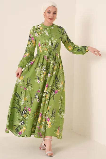 2144 Mandarin Collar Hijab Dress - Dark Green