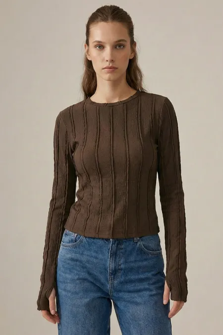 Women's Textured Knit Blouse 980 - Brown