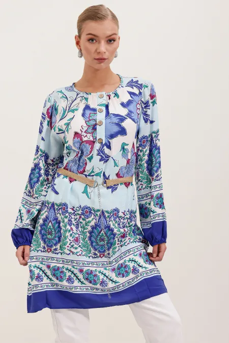 5902 Belted Patterned Dress - Saxe