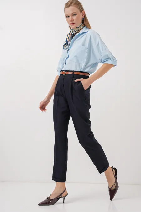 6686 Women's Pleated Belted Fabric Trousers - Navy Blue