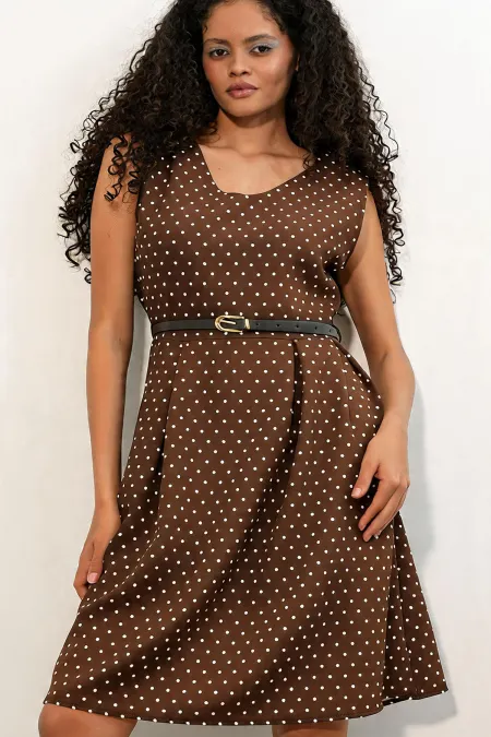 Robe courte à pois et col en V pour femme 2606 - Marron
