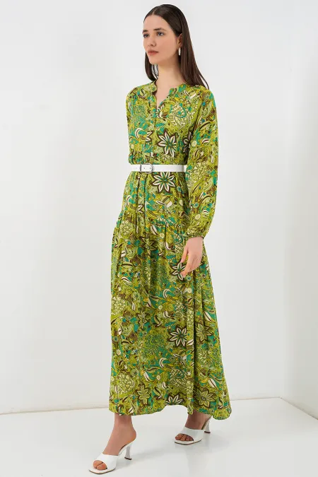 Women's Patterned Long Hijab Dress 2585 - Dark Green