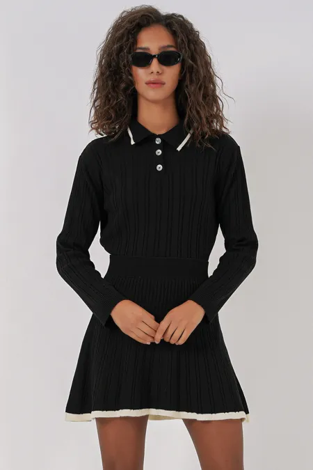15907 Women's Polo Collar Sweater, Skirt, and Knitwear Two-Piece Set - Black