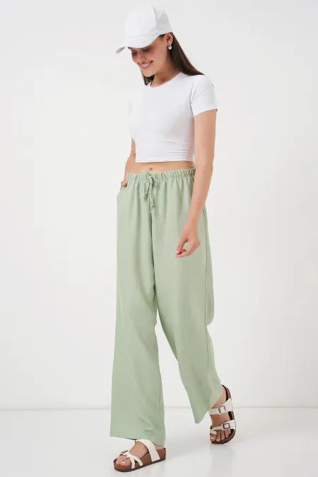 Women's Wide Leg Linen Trousers 6735 - Dark Green