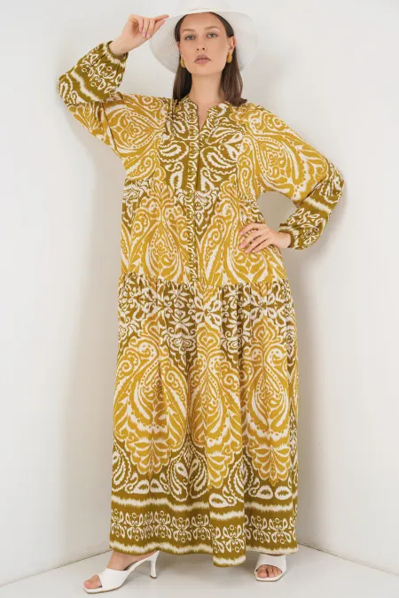 Kadın Desenli Uzun Tesettür Elbise 2585 - B. Hardal