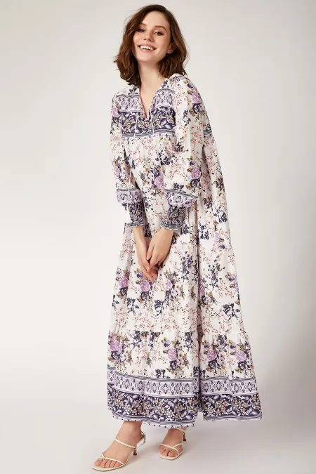 1947 Patterned Long Purple Hijab Dress